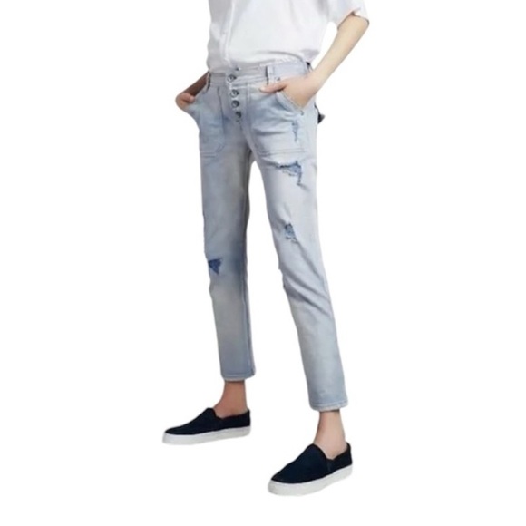 Free People Denim - Free People Solid Blue Mountaineer Relaxed Fit Button Fly Distressed Denim Jeans